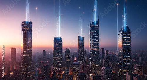 This futuristic cityscape depicts towering skyscrapers piercing the twilight sky. Beams of brilliant blue light emanate from the tops of several buildings, suggesting advanced technology or energy.