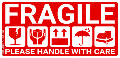 sticker fragile handle with care, red fragile warning label with broken glass symbol, this side up sign, keep dry, do not trample and avoid liquid sign. warning sign for delivery package.