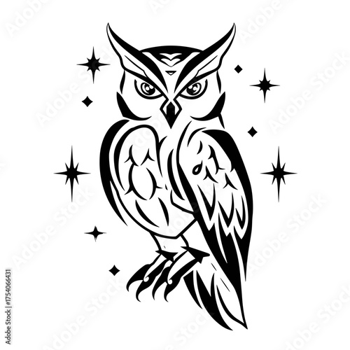A striking black and white tribal owl design with geometric patterns and star accents,