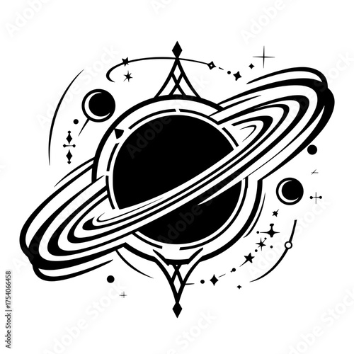 Monochromatic black and white tattoo vector illustration featuring intricate geocentric design with orbiting rings,