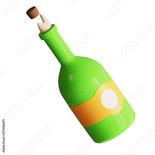 Joyful 3D render of a bright green bottle with a cork popping out, capturing the essence of celebration, triumph, and special occasions, ideal for conveying excitement and success