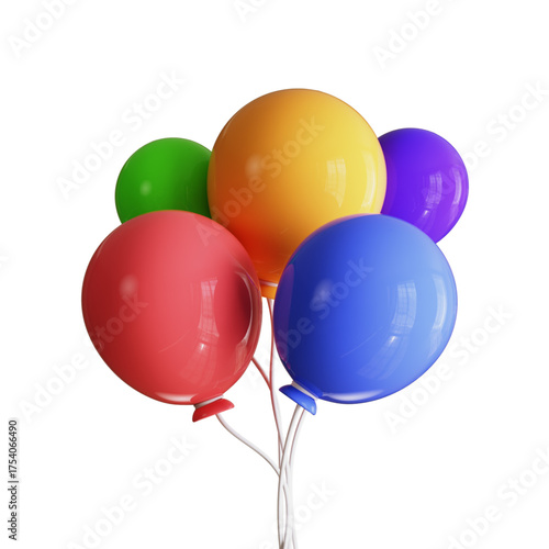 A beautiful bouquet of shiny, multicolored party balloons isolated on a white background, symbolizing joy, happiness, and celebration