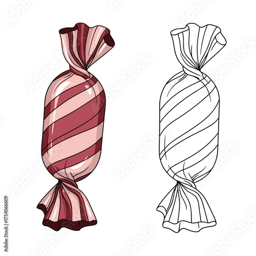 A pair of wrapped candies one colored and one line drawing.