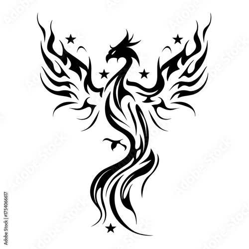 A black and white tribal tattoo design featuring a mythical creature with flowing hair and flaming wings,
