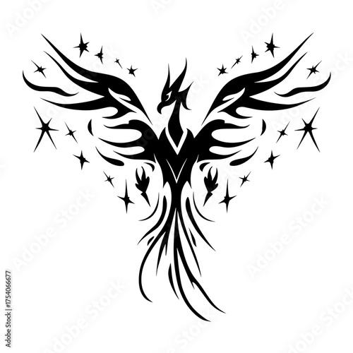 A monochromatic tribal tattoo design featuring a mythical phoenix with elongated wings surrounded by stars,