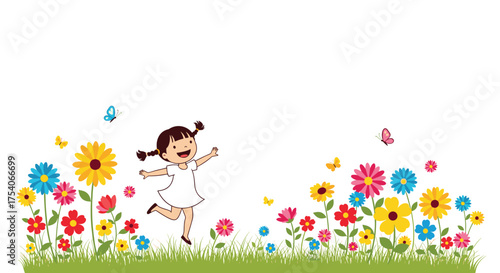 A happy little girl runs through a field of colorful flowers with butterflies fluttering around.