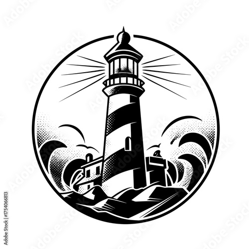 A bold black and white lighthouse stands resilient amidst stormy waters within a circular frame,