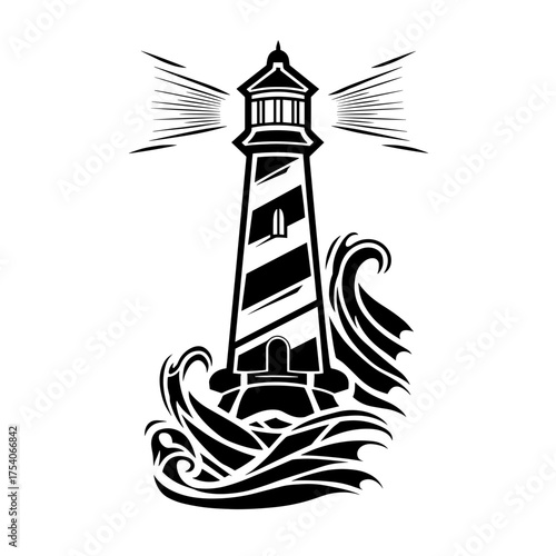 A striking black and white tribal lighthouse stands tall with bold symmetrical lines,