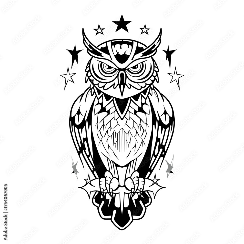 Fototapeta premium A black and white tribal owl tattoo design with intricate geometric patterns, seven small stars, bold lines,