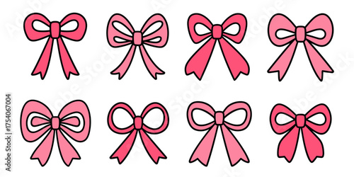 Pink bows, vector set with 8 cute decorative ribbon designs