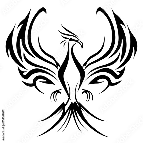 A striking black and white vector illustration of a mythical bird with intricate flowing lines resembling tribal tattoo 