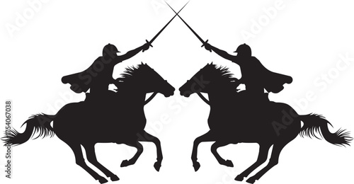 Two horseback fighters in silhouette locked in sword duel — versatile for developers, authors, marketers; works for ads, slides, blogs, merch, and visual storytelling about conflict, bravery.