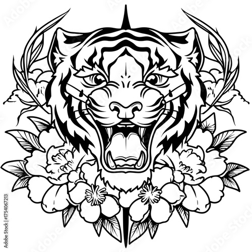 A fierce traditional-style roaring tiger head surrounded by intricate floral patterns and leaves in bold black and white