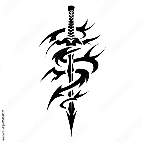 A bold symmetrical vector illustration of a sword surrounded by intricate tribal patterns with sharp swerving shapes enh