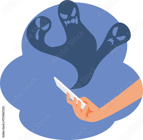 Conceptual Vector Illustration about Digital Demons in Online Medium.  Person finding out about the negative side effects of technology
