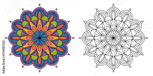 Mandala coloring page set including a colored version and a black and white outline, perfect for creative projects and mindfulness coloring, art therapy