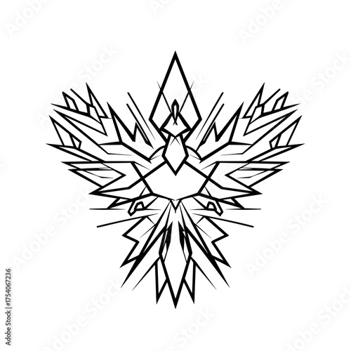 A black and white vector illustration of a symmetrical tribal bird with sharp angular lines, pointed edges,