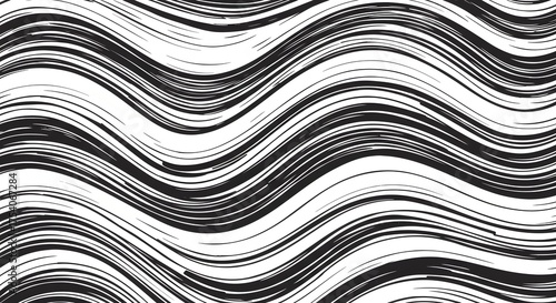 Abstract black and white wavy pattern, flowing, dynamic lines, creating an optical illusion
