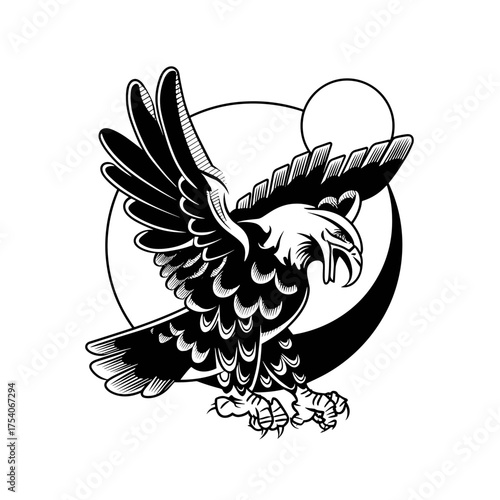 A fierce black and white vector eagle tattoo design with detailed feather patterns, spread wings, extended talons,