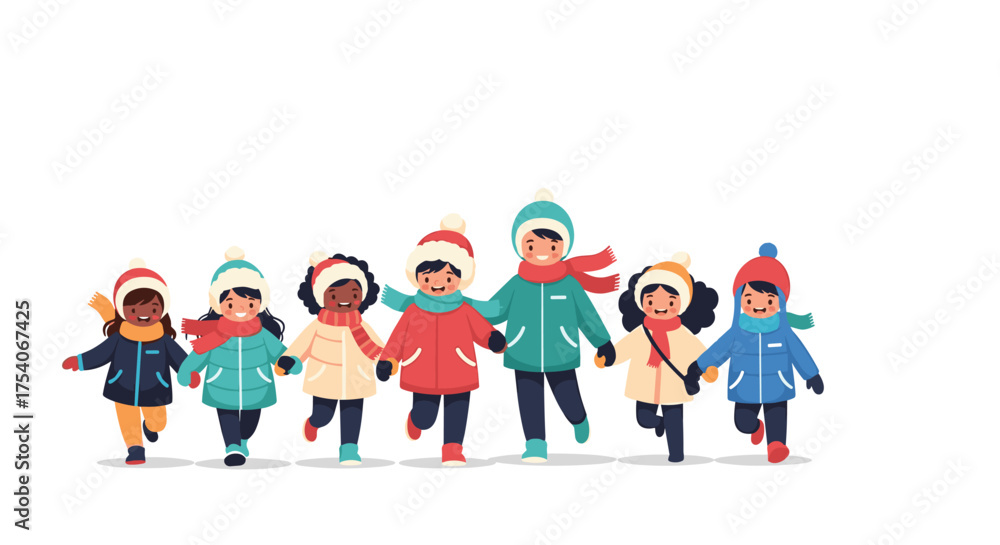 Fototapeta premium A group of diverse children wearing winter clothing are joyfully running and holding hands in the snow.