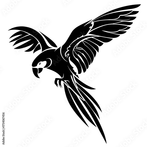 A bold black and white tribal parrot vector illustration with extended wings, detailed feather patterns,