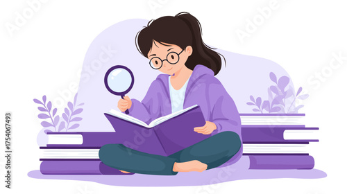 Illustration of a young woman in glasses reading a book with a magnifying glass surrounded by book piles