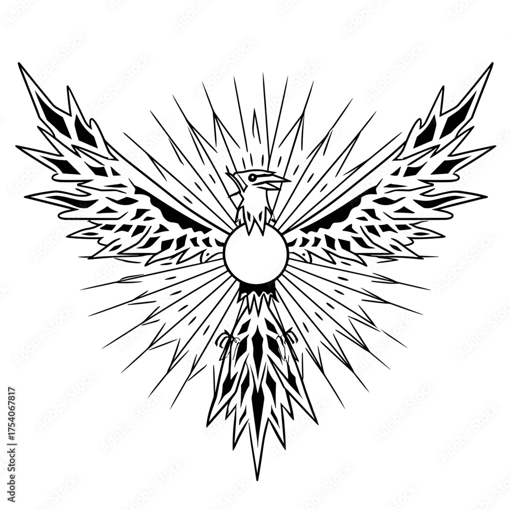 Fototapeta premium A black and white tribal tattoo vector featuring symmetrical wings, sharp angular lines, and flame-like elements,