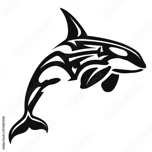 A bold tribal-style orca leaps near water surface in striking monochrome illustration,