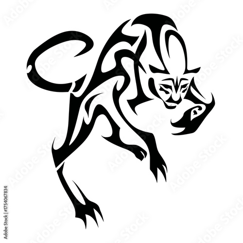 A black and white vector illustration of an aggressive panther in tribal design with bold lines, muscular form,