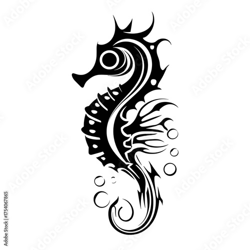 A monochrome seahorse with tribal elements features a balanced symmetrical pattern conveying bold edgy emotion suitable 