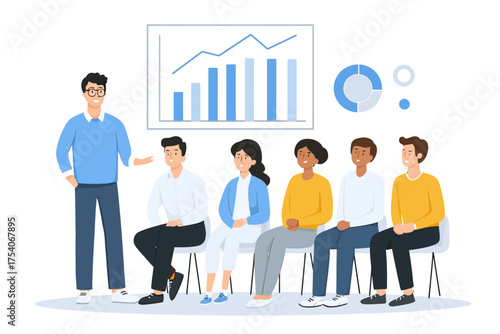 Male presenter addressing five seated diverse individuals with data charts in the background