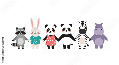 A delightful group of anthropomorphic forest animals holding hands and standing together.