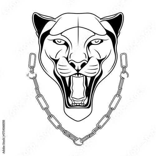 A highly stylized black and white vector illustration of a roaring jaguar head adorned with a chain necklace,