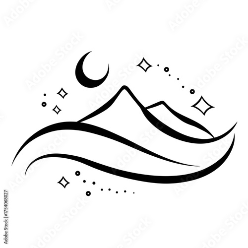 A minimalist tribal-style vector illustration featuring bold black and white contrasts with crescent moon,