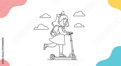 A little girl happily riding her scooter to school with clouds in the background.