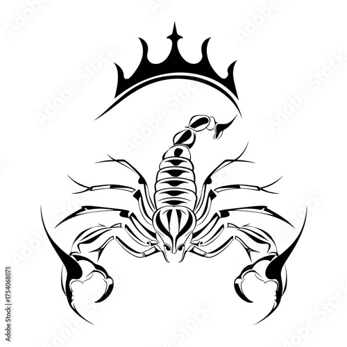 A striking monochrome tribal-style vector illustration features a detailed scorpion with an ornate crown,