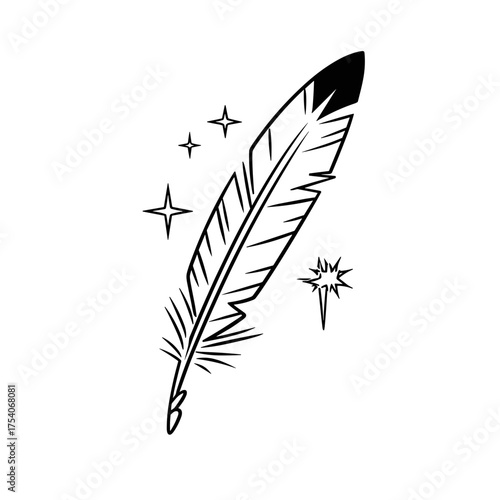 A minimalist black and white vector illustration of a feather with shining star-like sparkles surrounding it,