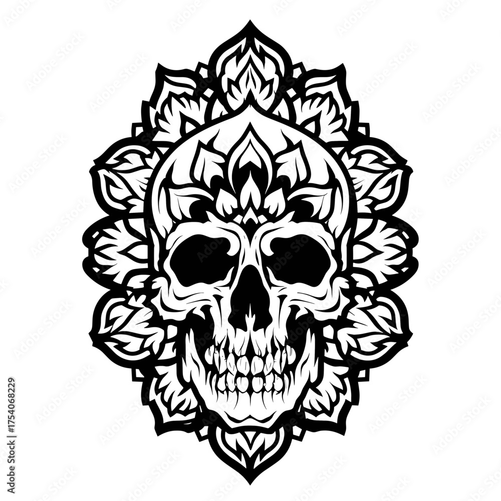 Obraz premium A detailed skull combines with intricate mandala patterns in this bold black and white tribal tattoo design,