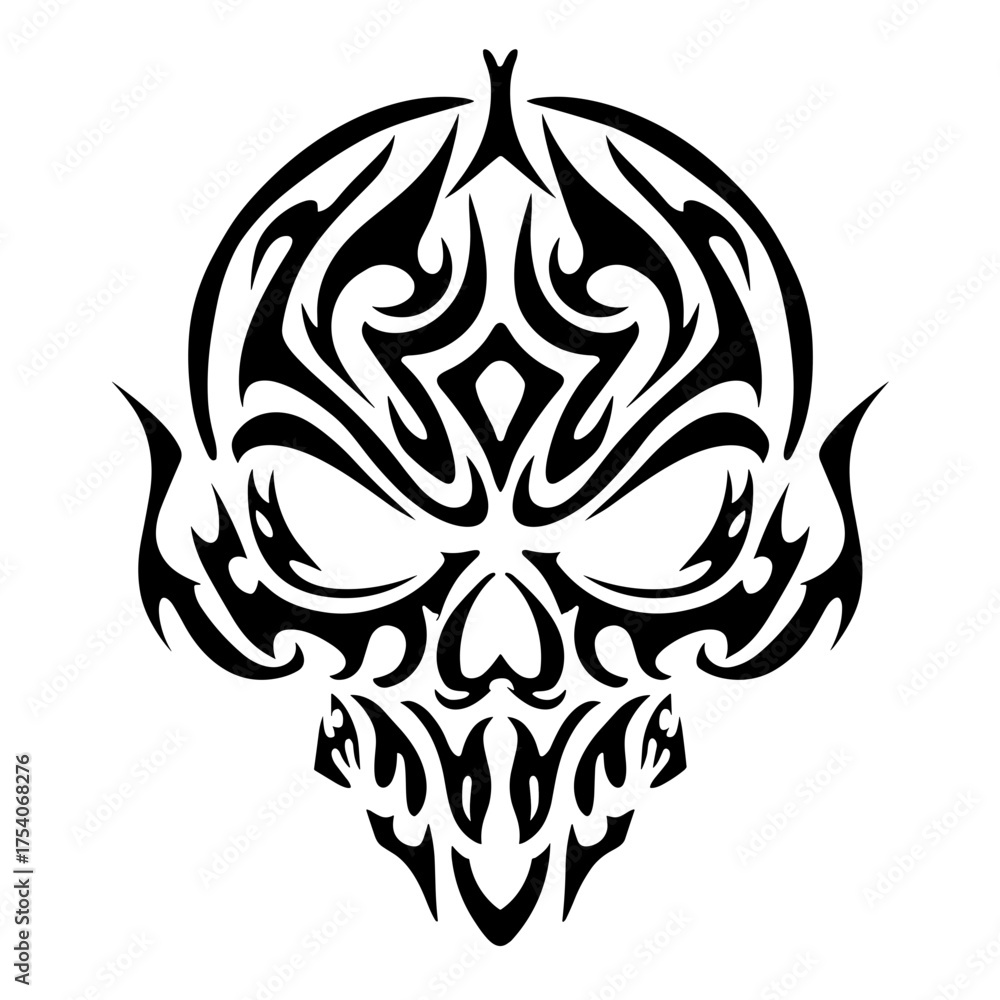 Obraz premium A bold black and white tribal skull design featuring intricate geometric patterns with symmetrical lines exuding power a