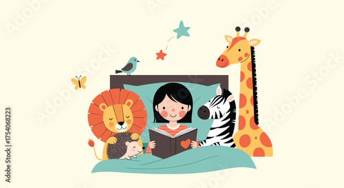 A child reads a book surrounded by friendly animal characters at bedtime.