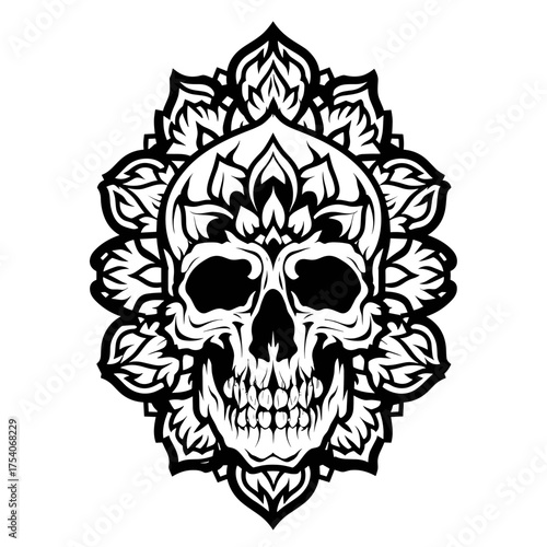 A detailed skull combines with intricate mandala patterns in this bold black and white tribal tattoo design,