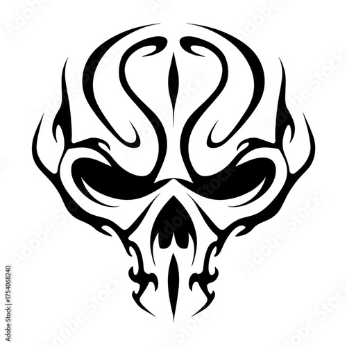 A black and white vector illustration of a stylized symmetrical tribal tattoo design featuring a skull with bold outline