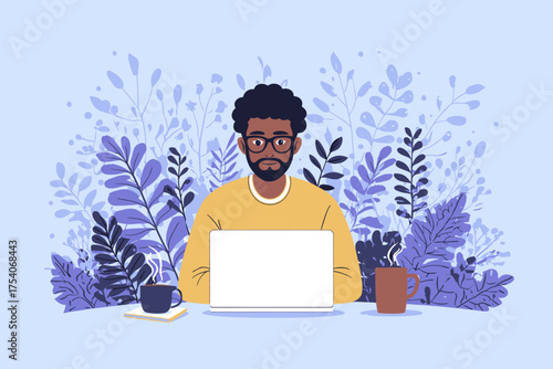 Man with dark skin beard glasses using laptop with mugs against purple leafy background