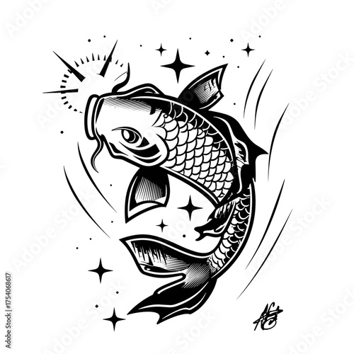 Stylish Celtic Koi Fish tattoo design in bold black and white,