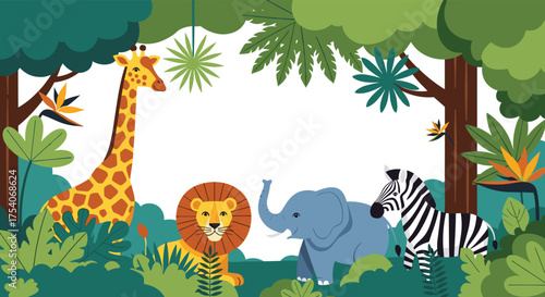 A vibrant cartoon scene depicting a lively jungle habitat filled with exotic animals.