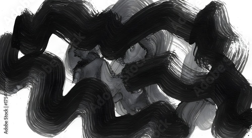 Abstract black brushstrokes on a white background, resembling waves or clouds, with gray undertones