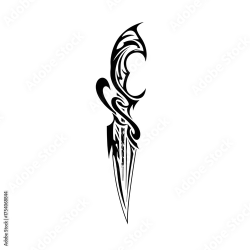 A striking black and white tribal vector illustration featuring a mysterious skull with intricate linework and a sharply