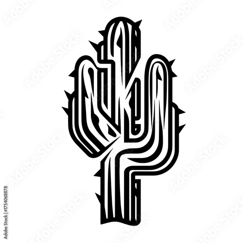 A bold geometric cactus design with sharp lines and intricate patterns, merging tribal art with monochrome precision,