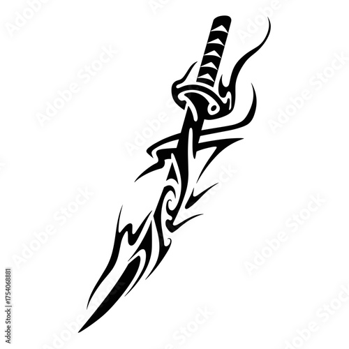 Intricate bold tribal themed vector illustration of a sword with detailed patterns and sharp edges.