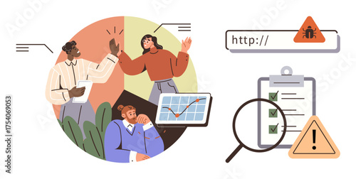 Group of professionals high-fiving as others analyze data. Cybersecurity warning icons alongside magnifying glass and checklist. Ideal for teamwork, success, cybersecurity, analysis, problem-solving